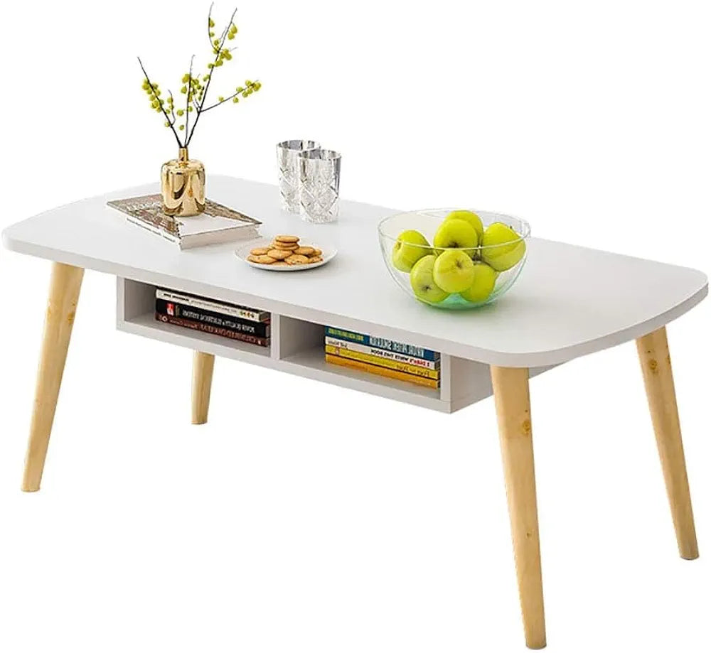 Coffee Table with Durable Beech Wood Legs and Storage Shelf, Easy Assembly, Simple Design Tea Table,100x50cm, Height 43cm, Modern White Top Coffee Table for Living Room, Ideal for Home and Office