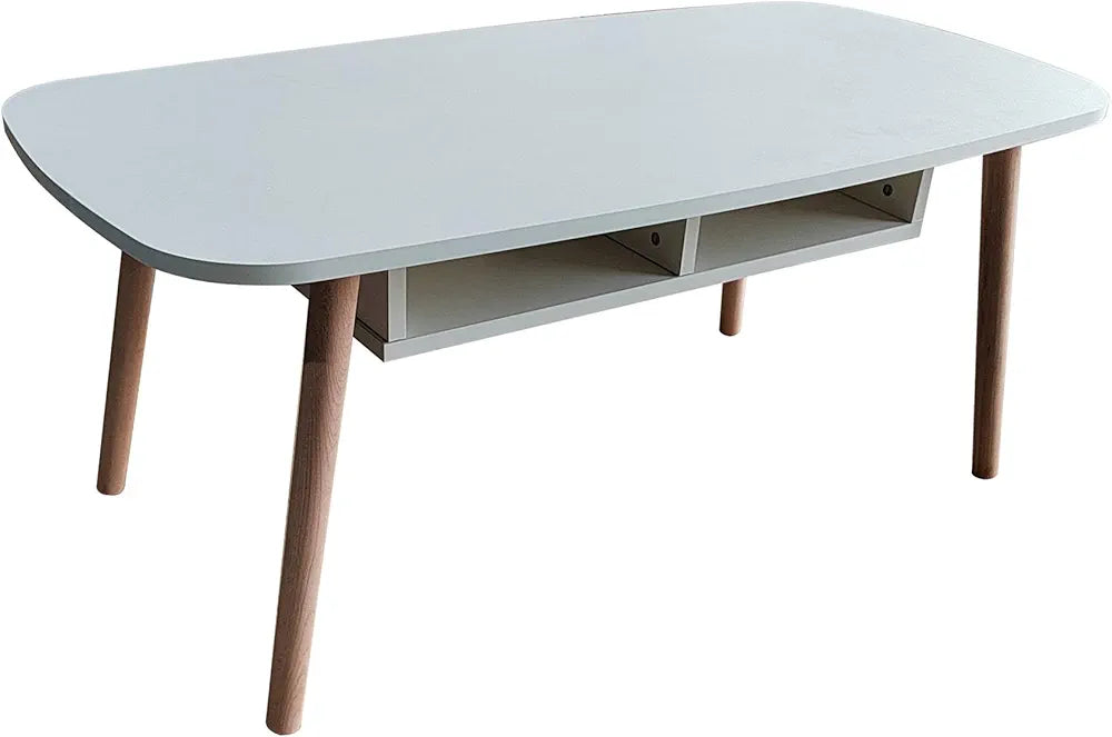 Coffee Table with Durable Beech Wood Legs and Storage Shelf, Easy Assembly, Simple Design Tea Table,100x50cm, Height 43cm, Modern White Top Coffee Table for Living Room, Ideal for Home and Office