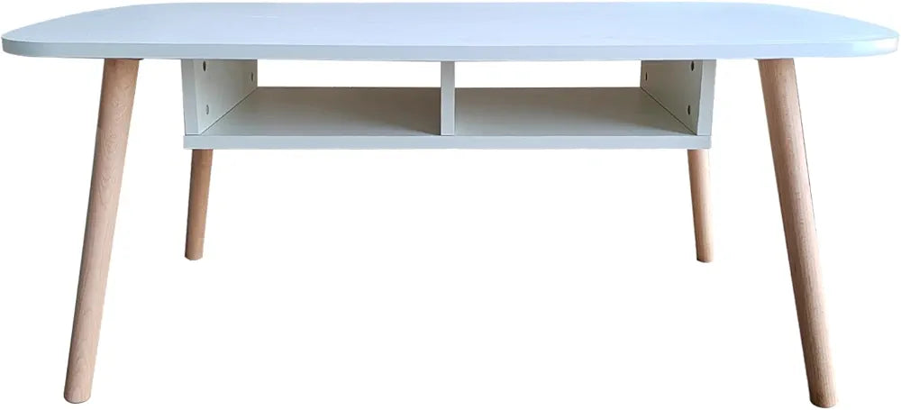 Coffee Table with Durable Beech Wood Legs and Storage Shelf, Easy Assembly, Simple Design Tea Table,100x50cm, Height 43cm, Modern White Top Coffee Table for Living Room, Ideal for Home and Office