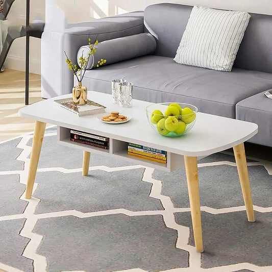 Coffee Table with Durable Beech Wood Legs and Storage Shelf, Easy Assembly, Simple Design Tea Table,100x50cm, Height 43cm, Modern White Top Coffee Table for Living Room, Ideal for Home and Office