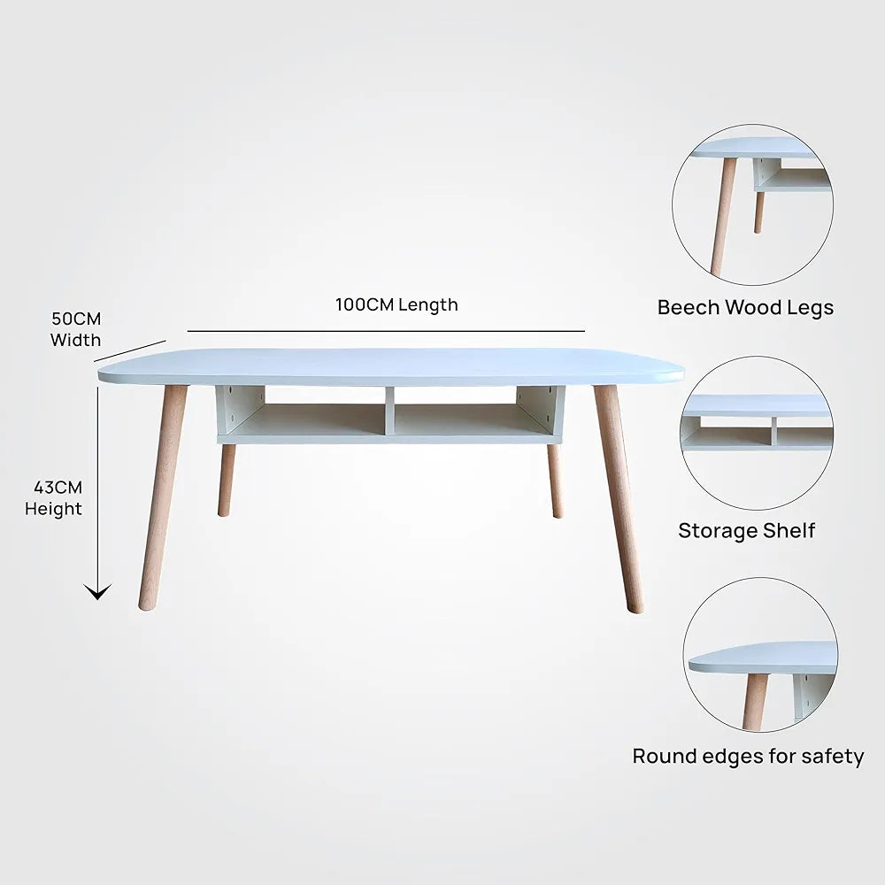Coffee Table with Durable Beech Wood Legs and Storage Shelf, Easy Assembly, Simple Design Tea Table,100x50cm, Height 43cm, Modern White Top Coffee Table for Living Room, Ideal for Home and Office