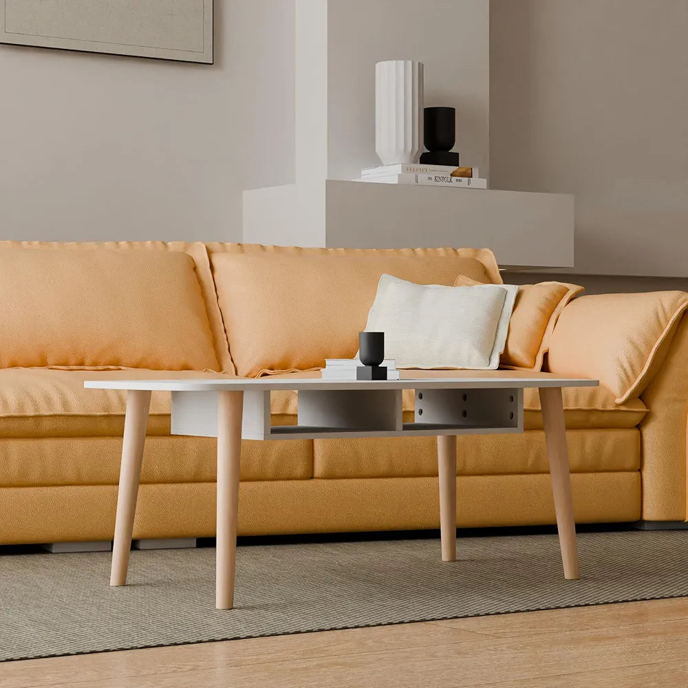 Coffee Table with Durable Beech Wood Legs and Storage Shelf, Easy Assembly, Simple Design Tea Table,100x50cm, Height 43cm, Modern White Top Coffee Table for Living Room, Ideal for Home and Office