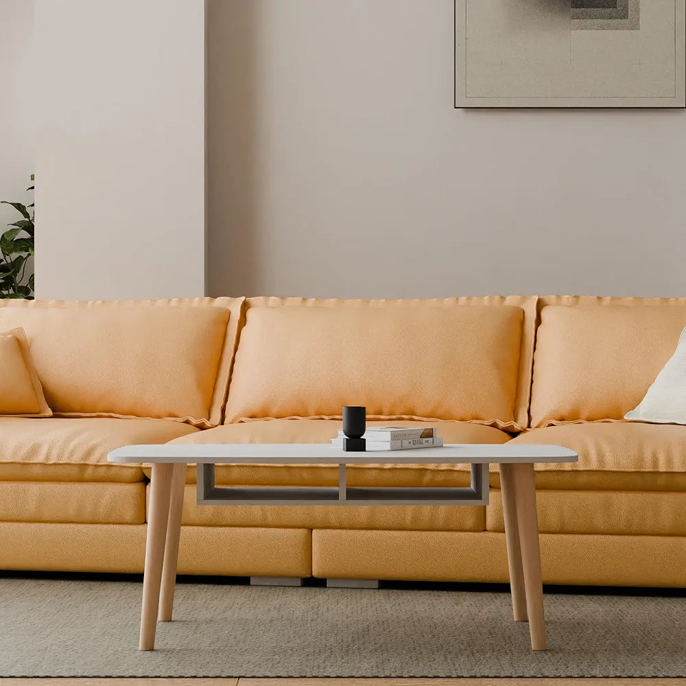 Coffee Table with Durable Beech Wood Legs and Storage Shelf, Easy Assembly, Simple Design Tea Table,100x50cm, Height 43cm, Modern White Top Coffee Table for Living Room, Ideal for Home and Office