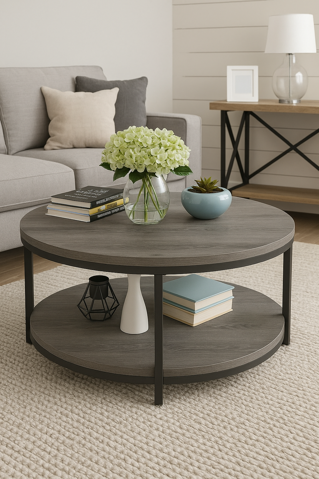 Round Wooden Coffee Table 2-Tiers with Rustic Wood Effect and Storage Shelf -  80cm Diameter Center Table for Living Room