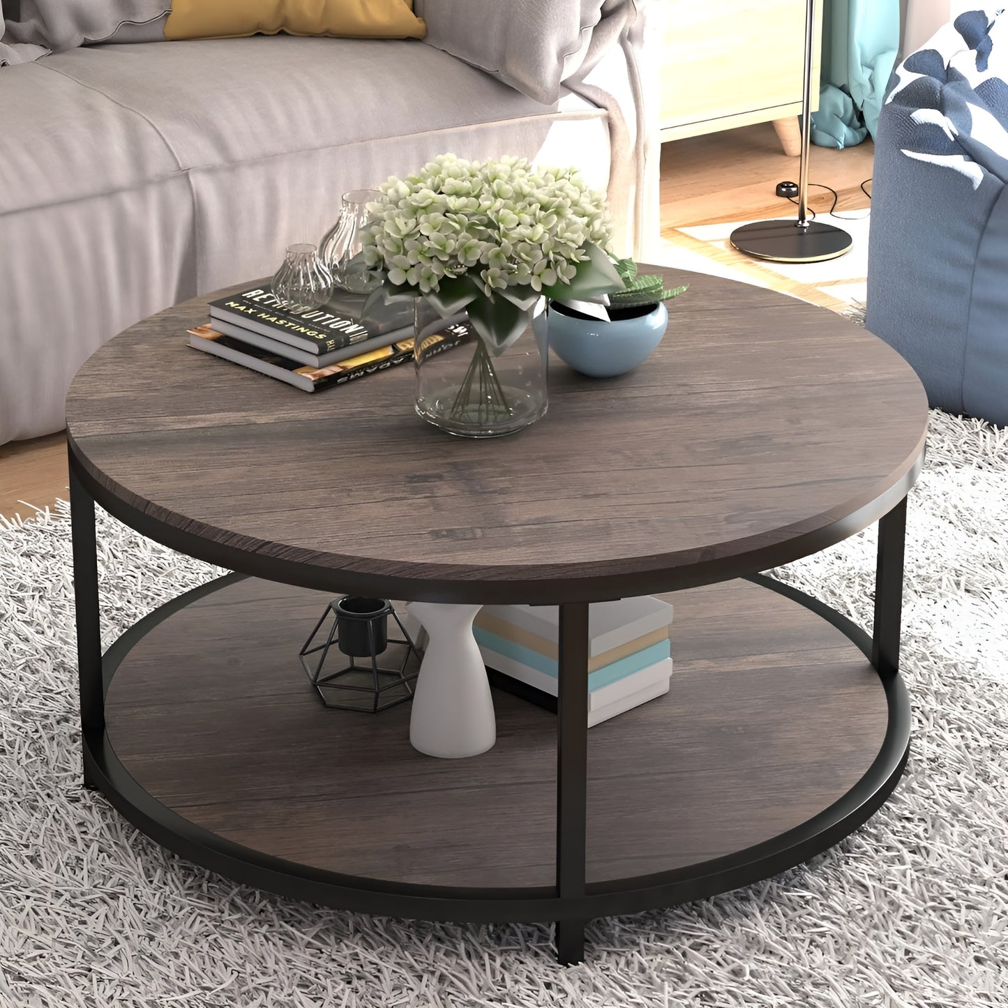 Round Wooden Coffee Table 2-Tiers with Rustic Wood Effect and Storage Shelf -  80cm Diameter Center Table for Living Room