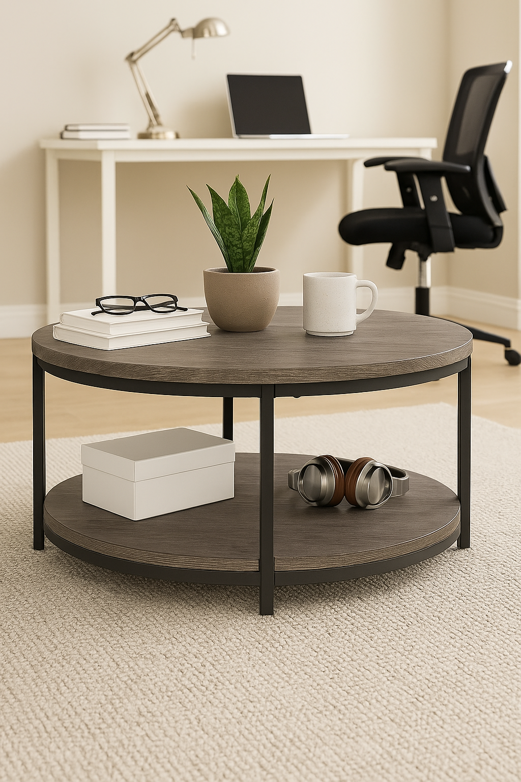 Round Wooden Coffee Table 2-Tiers with Rustic Wood Effect and Storage Shelf -  80cm Diameter Center Table for Living Room