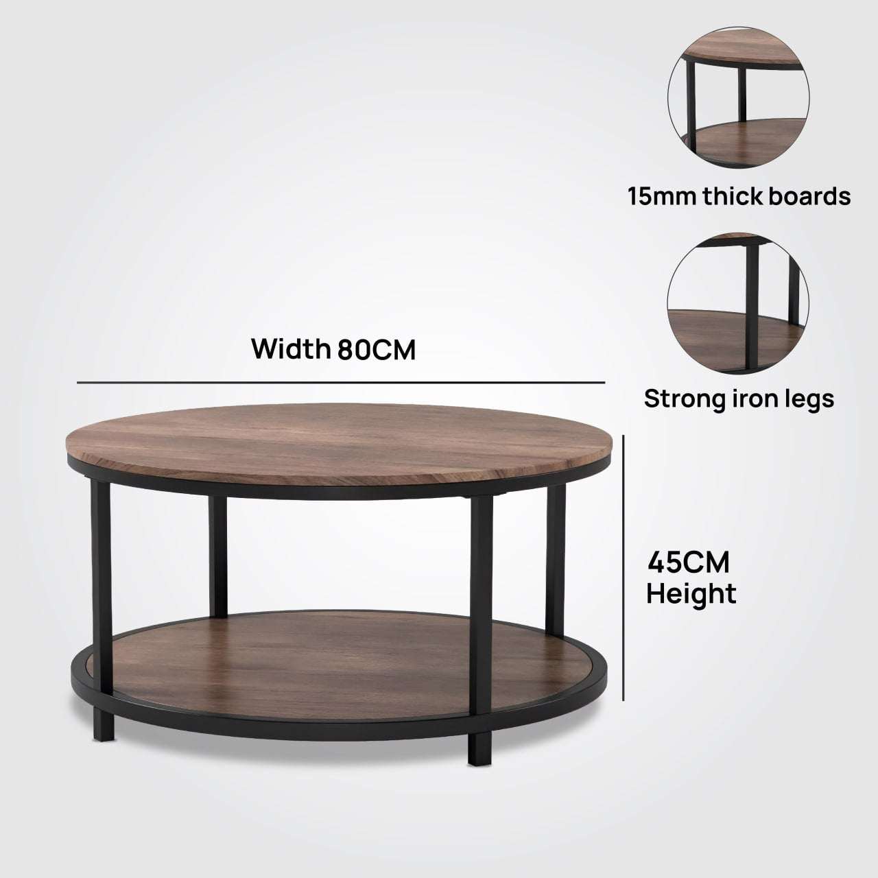 Round Wooden Coffee Table 2-Tiers with Rustic Wood Effect and Storage Shelf -  80cm Diameter Center Table for Living Room