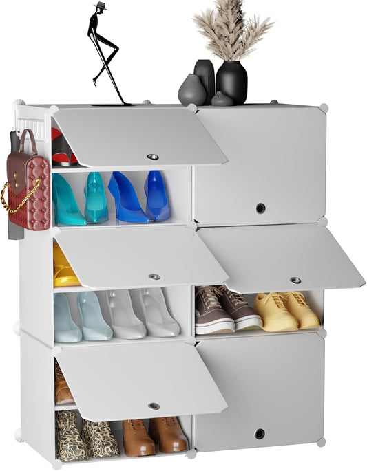 Clothes and Shoes Cabinet for Closet and Entryway, Portable, Convertible, Shoe Rack, Strong Lightweight, Wardrobe Organizer Storage Box (6 Cubes, White)