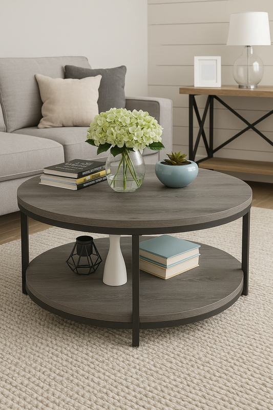 Round Wooden Coffee Table 2-Tiers with Rustic Wood Effect and Storage Shelf -  80cm Diameter Center Table for Living Room