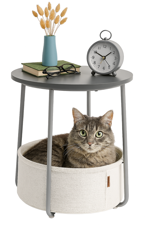 Round End Coffee Table with Storage Basket, Corner Table for Living Room, Bedroom Nightstand 44x49cm (Grey)