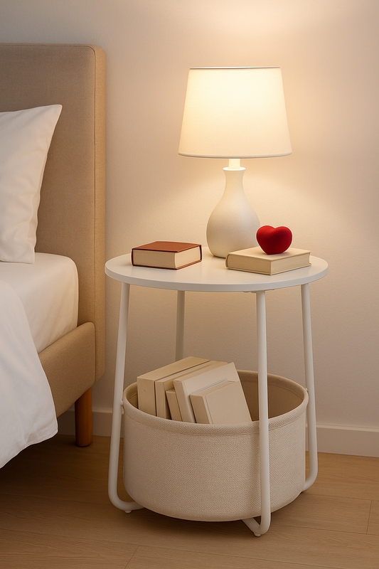 White Round Table with Storage Basket, Corner Table for Living Room, Bedroom Nightstand 44x49cm
