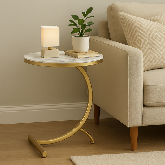 C-Shaped Round Side Table, Stylish Console, Corner Table - Wood Top, Metal Frame - 45cm Diameter x 65cm Hegiht, Gold and White