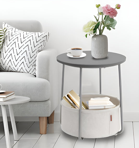 Round End Coffee Table with Storage Basket, Corner Table for Living Room, Bedroom Nightstand 44x49cm (Grey)